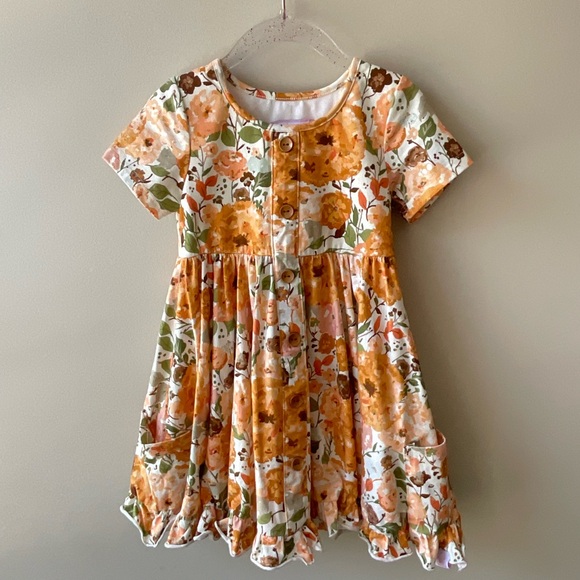 SweetHoney Orange and Green Pleated Sundress with Flutter Sleeves - Picture 1 of 5